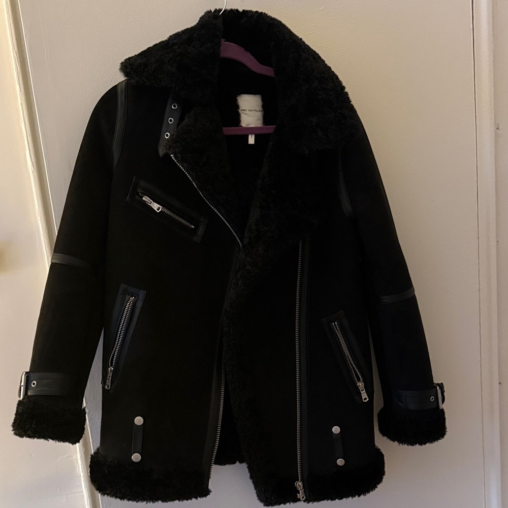 Avec Les Filles Faux Black Leather Shearling Jacket